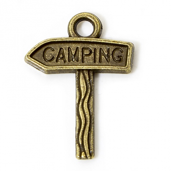 Picture of 50 PCs Zinc Based Alloy Charms Antique Bronze Road Sign Message " CAMPING " 23mm x 17mm