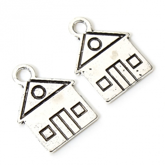 Picture of 50 PCs Zinc Based Alloy Charms Antique Silver Color House Double Sided 16mm x 12.5mm