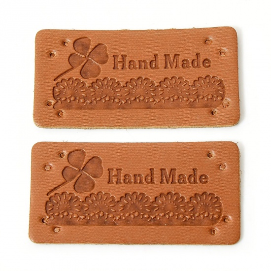 Immagine di 50 Pz PU Etichetta Etichetta per Abbigliamento Rettangolo Marrone Foglia di Trifoglio Forma " Hand Made " 4cm x 2cm