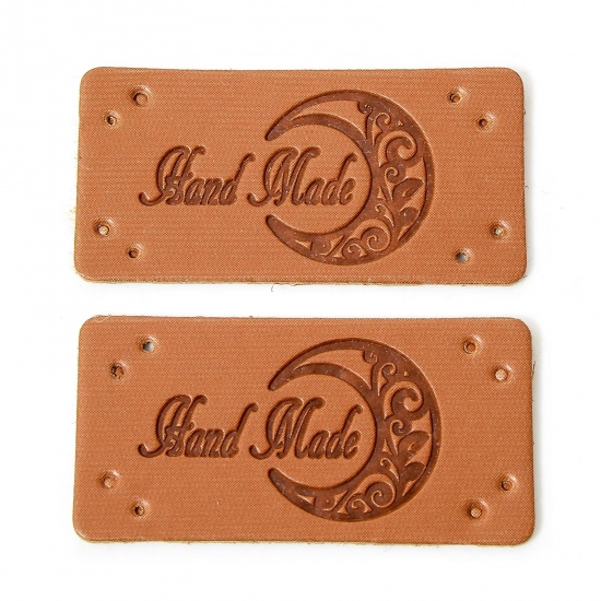 Bild von 50 PCs PU Label Tag For Clothing Rectangle Brown Moon Pattern " Hand Made " 4cm x 2cm