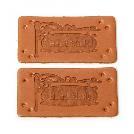 Picture of 50 PCs PU Label Tag For Clothing Rectangle Brown Carved Pattern Pattern " Hand Made " 4cm x 2cm