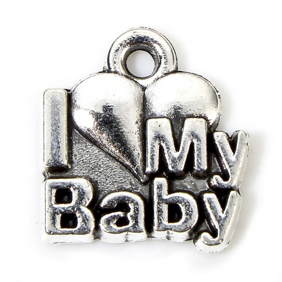 Picture of 50 PCs Zinc Based Alloy Mother's Day Charms Antique Silver Color Heart Message " I love my BABY " 11mm x 10.5mm