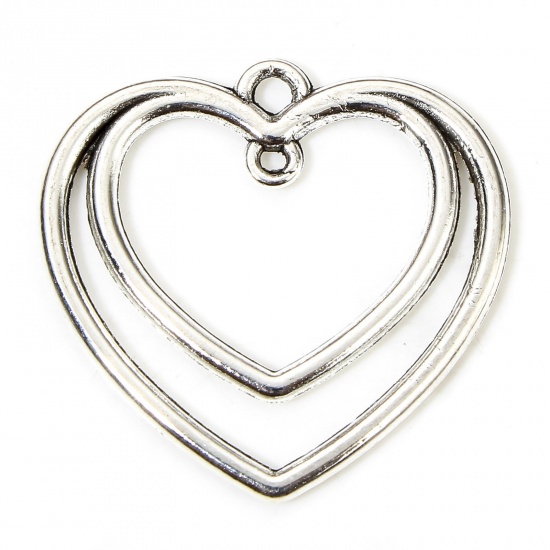 Picture of 20 PCs Zinc Based Alloy Valentine's Day Charms Antique Silver Color Heart Hollow 26mm x 25mm