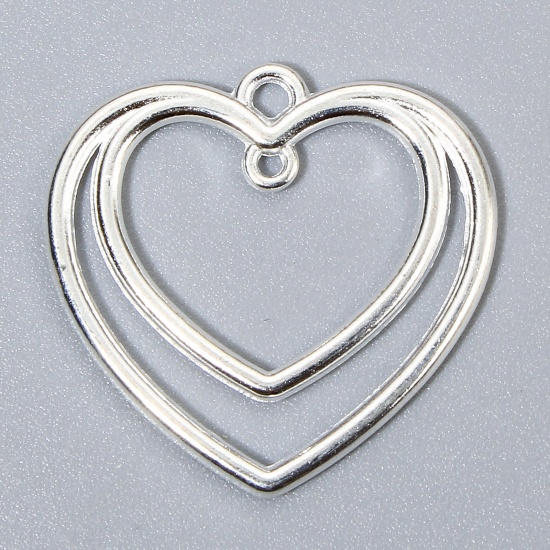 Picture of 20 PCs Zinc Based Alloy Valentine's Day Charms Silver Plated Heart Hollow 26mm x 25mm