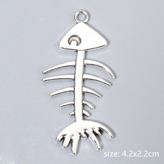 Picture of 10 PCs Ocean Jewelry Pendants Antique Silver Color Fish Bone Moon 4.2cm x 2.2cm