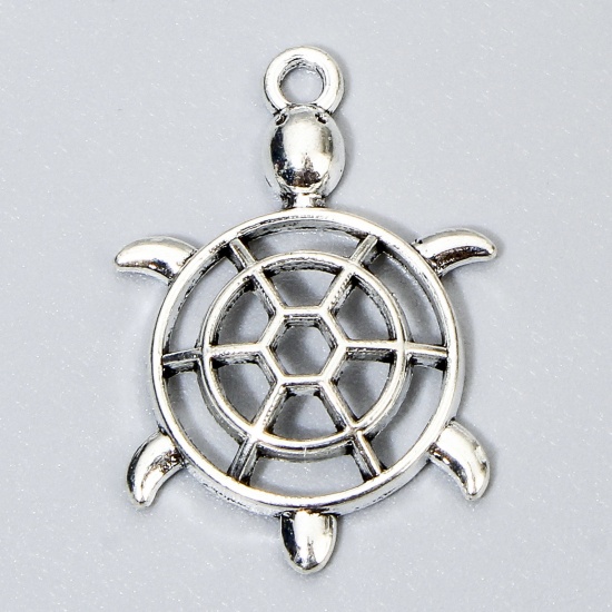 Picture of 10 PCs Ocean Jewelry Charms Antique Silver Color Tortoise Animal Hollow 26mm x 18mm