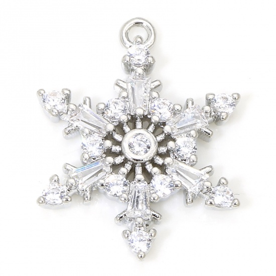 Immagine di 1 Piece Eco-friendly Brass Christmas Charms Real Platinum Plated Christmas Snowflake Clear Cubic Zirconia 17mm x 13mm