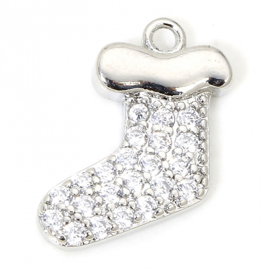 Immagine di 1 Piece Eco-friendly Brass Christmas Charms Real Platinum Plated Sock Micro Pave Clear Cubic Zirconia 13mm x 10mm