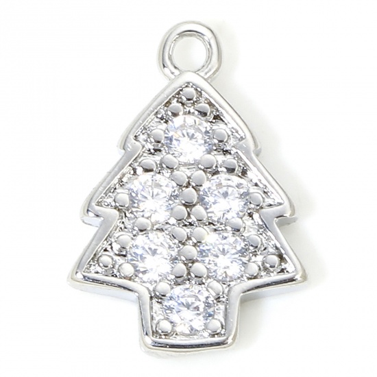 Immagine di 1 Piece Eco-friendly Brass Christmas Charms Real Platinum Plated Christmas Tree Micro Pave Clear Cubic Zirconia 12mm x 9mm