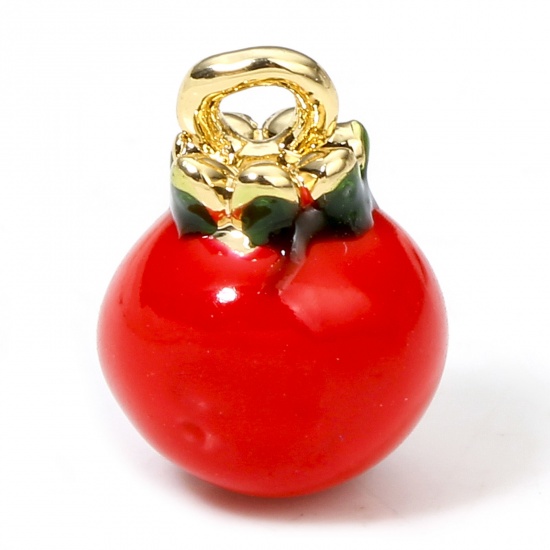 Picture of 1 Piece Eco-friendly Brass Charms 18K Real Gold Plated Red Tomatoe 3D Enamel 12mm x 9mm