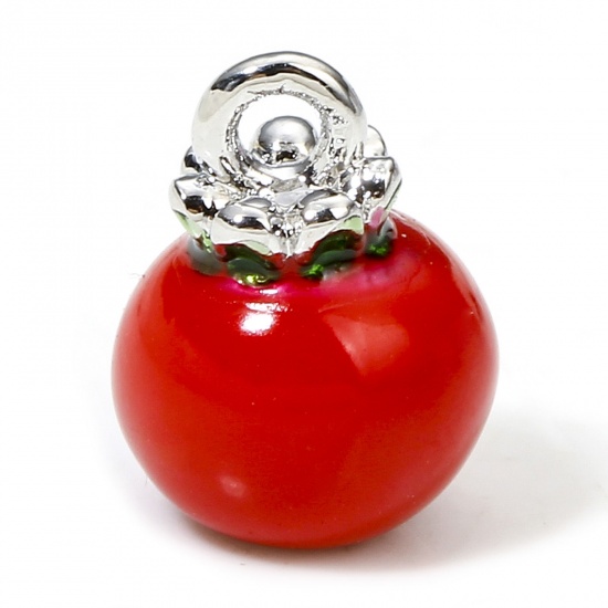 Picture of 1 Piece Eco-friendly Brass Charms Real Platinum Plated Red Tomatoe 3D Enamel 12mm x 9mm