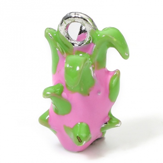 Picture of 1 Piece Eco-friendly Brass Charms Real Platinum Plated Pink & Green Pitaya 3D Enamel 15mm x 7.5mm