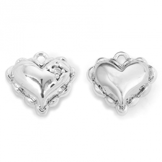 Picture of 1 Piece Eco-friendly Brass Valentine's Day Charms Real Platinum Plated Heart 3D 10mm x 9mm