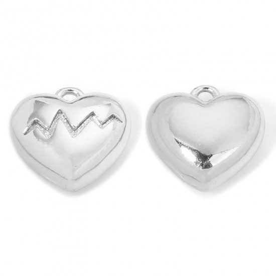 Picture of 1 Piece Eco-friendly Brass Valentine's Day Charms Real Platinum Plated Heart Medical Heartbeat/ Electrocardiogram 3D 11mm x 10.5mm
