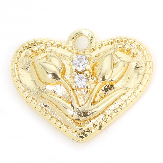 Immagine di 1 Piece Eco-friendly Brass Valentine's Day Charms 18K Real Gold Plated Heart Tulip Flower Clear Cubic Zirconia 13mm x 10.5mm