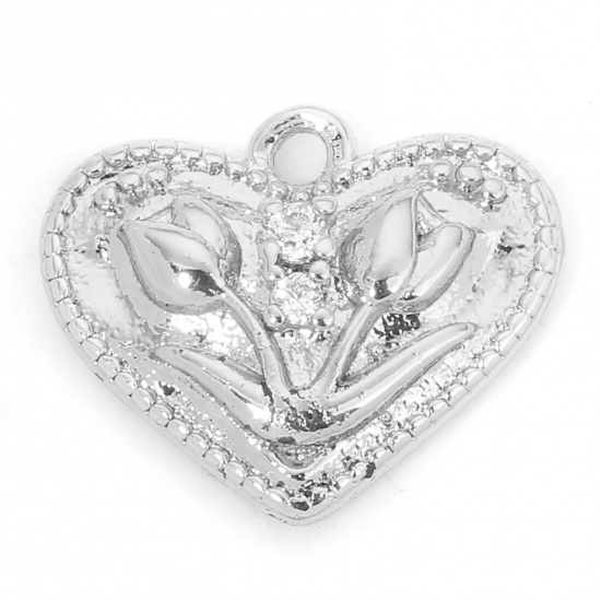Picture of 1 Piece Eco-friendly Brass Valentine's Day Charms Real Platinum Plated Heart Tulip Flower Clear Cubic Zirconia 13mm x 10.5mm