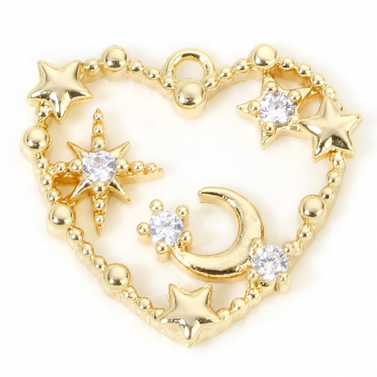 Immagine di 1 Piece Eco-friendly Brass Valentine's Day Charms 18K Real Gold Plated Heart Star Hollow Clear Cubic Zirconia 15.5mm x 14.5mm