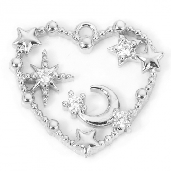 Picture of 1 Piece Eco-friendly Brass Valentine's Day Charms Real Platinum Plated Heart Star Hollow Clear Cubic Zirconia 15.5mm x 14.5mm