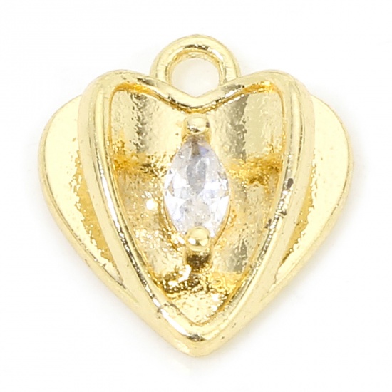 Picture of 1 Piece Eco-friendly Brass Valentine's Day Charms 18K Real Gold Plated Heart Clear Cubic Zirconia 11mm x 10mm