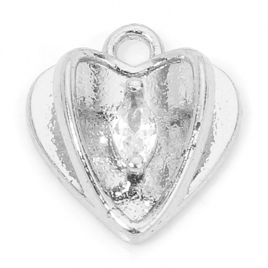 Immagine di 1 Piece Eco-friendly Brass Valentine's Day Charms Real Platinum Plated Heart Clear Cubic Zirconia 11mm x 10mm