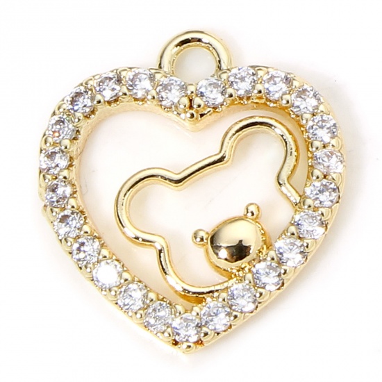 Picture of 1 Piece Eco-friendly Brass Valentine's Day Charms 18K Real Gold Plated Heart Bear Micro Pave Clear Cubic Zirconia 12.5mm x 11.5mm