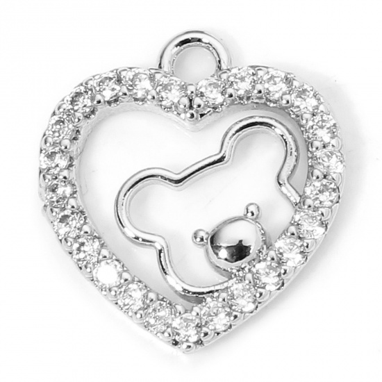 Immagine di 1 Piece Eco-friendly Brass Valentine's Day Charms Real Platinum Plated Heart Bear Micro Pave Clear Cubic Zirconia 12.5mm x 11.5mm