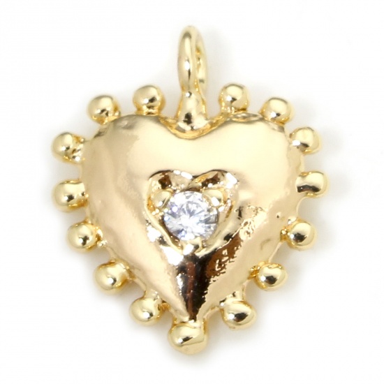 Immagine di 1 Piece Eco-friendly Brass Valentine's Day Charms 18K Real Gold Plated Heart Dot Clear Cubic Zirconia 14mm x 11mm