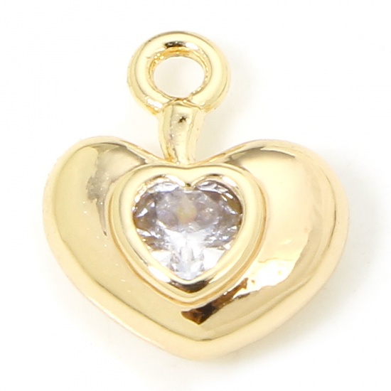 Immagine di 1 Piece Eco-friendly Brass Valentine's Day Charms 18K Real Gold Plated Heart Clear Cubic Zirconia 9.5mm x 8mm