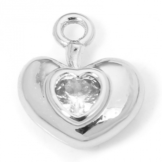Picture of 1 Piece Eco-friendly Brass Valentine's Day Charms Real Platinum Plated Heart Clear Cubic Zirconia 9.5mm x 8mm