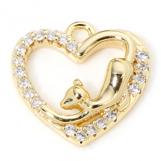 Immagine di 1 Piece Eco-friendly Brass Valentine's Day Charms 18K Real Gold Plated Heart Cat Micro Pave Clear Cubic Zirconia 12.5mm x 12mm