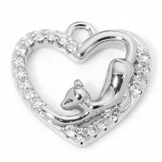 Picture of 1 Piece Eco-friendly Brass Valentine's Day Charms Real Platinum Plated Heart Cat Micro Pave Clear Cubic Zirconia 12.5mm x 12mm