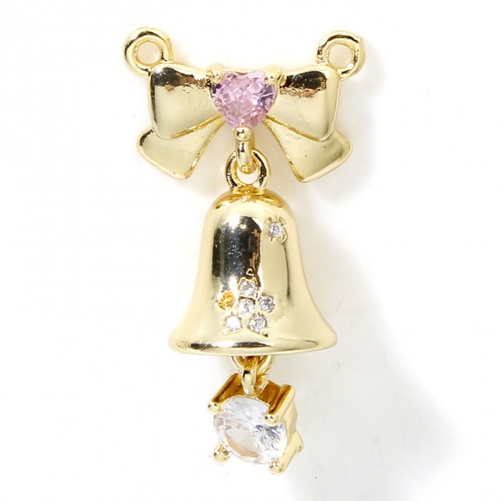 Bild von 1 Piece Eco-friendly Brass Christmas Charms 18K Real Gold Plated Bell Bowknot 3D Clear Cubic Zirconia Pink Rhinestone 28mm x 15.5mm