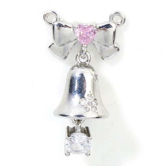 Bild von 1 Piece Eco-friendly Brass Christmas Charms Real Platinum Plated Bell Bowknot 3D Clear Cubic Zirconia Pink Rhinestone 28mm x 15.5mm