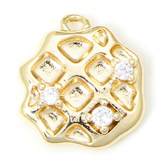 Immagine di 1 Piece Eco-friendly Brass Charms 18K Real Gold Plated Biscuit Food Clear Cubic Zirconia 13.5mm x 12mm