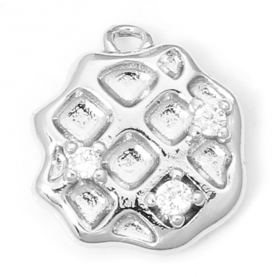 Picture of 1 Piece Eco-friendly Brass Charms Real Platinum Plated Biscuit Food Clear Cubic Zirconia 13.5mm x 12mm