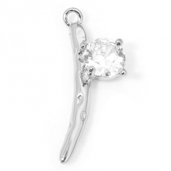 Picture of 2 PCs Eco-friendly Brass Charms Real Platinum Plated Branch Clear Cubic Zirconia 18.5mm x 6.5mm