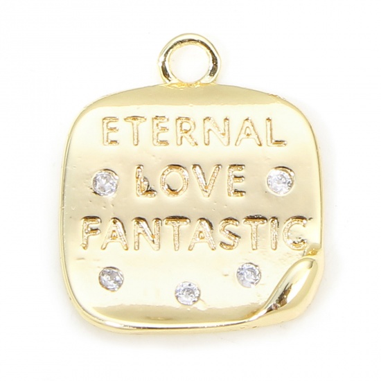 Immagine di 2 PCs Eco-friendly Brass Valentine's Day Charms 18K Real Gold Plated Square Initial Alphabet/ Capital Letter Clear Cubic Zirconia 15.5mm x 13mm