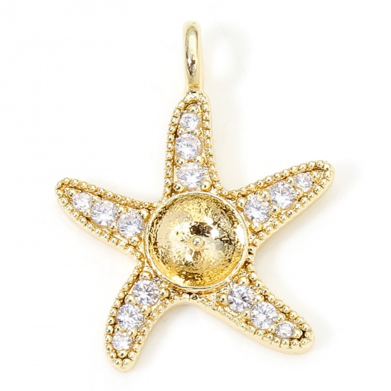 Изображение 1 Piece Eco-friendly Brass Ocean Jewelry Pearl Pendant Connector Bail Pin Cap 18K Real Gold Plated Star Fish Micro Pave Clear Cubic Zirconia 20mm x 15.5mm, Needle Thickness: 0.8mm