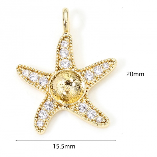Изображение 1 Piece Eco-friendly Brass Ocean Jewelry Pearl Pendant Connector Bail Pin Cap 18K Real Gold Plated Star Fish Micro Pave Clear Cubic Zirconia 20mm x 15.5mm, Needle Thickness: 0.8mm