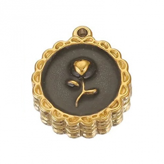 Picture of 1 Piece 304 Stainless Steel Valentine's Day Charms 18K Gold Color Black Round Rose Flower Enamel 18mm x 16mm