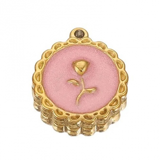 Picture of 1 Piece 304 Stainless Steel Valentine's Day Charms 18K Gold Color Pink Round Rose Flower Enamel 18mm x 16mm