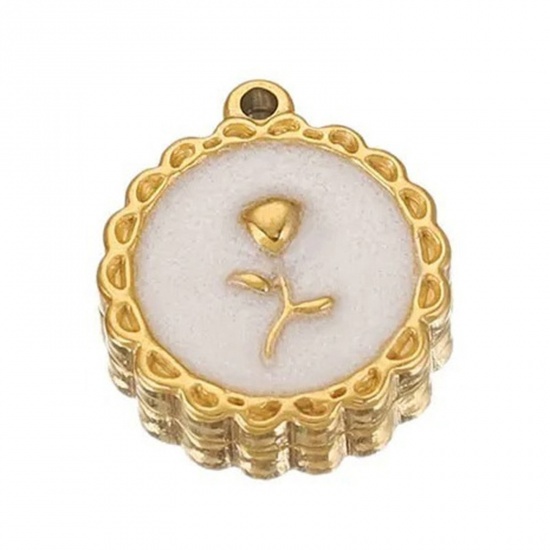Immagine di 1 Piece 304 Stainless Steel Valentine's Day Charms 18K Gold Color White Round Rose Flower Enamel 18mm x 16mm