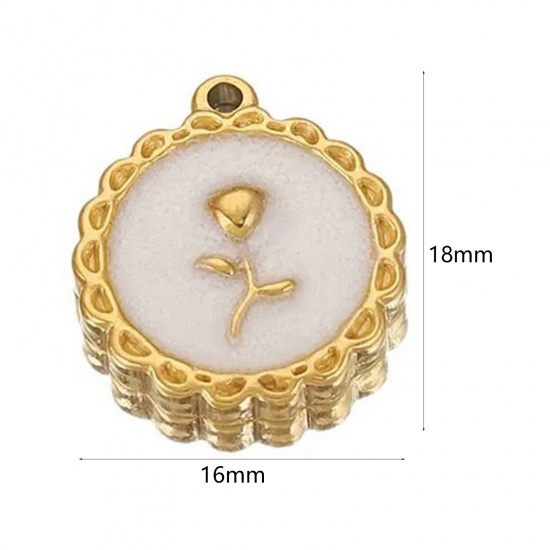 1 個 304ステンレス鋼 バレンタイン・デー チャーム 円形 18Kゴールドメッキ 白 ローズ エナメル 18mm x 16mm、 の画像