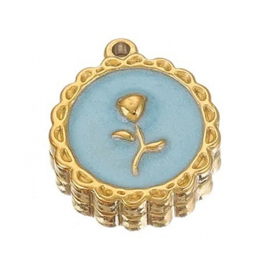 Picture of 1 Piece 304 Stainless Steel Valentine's Day Charms 18K Gold Color Blue Round Rose Flower Enamel 18mm x 16mm