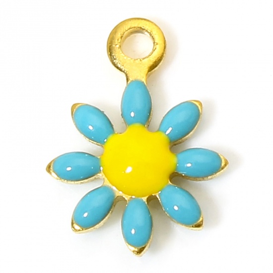 Picture of 10 PCs 304 Stainless Steel Charms 18K Gold Color Green Blue Daisy Flower Enamel 10mm x 7.5mm