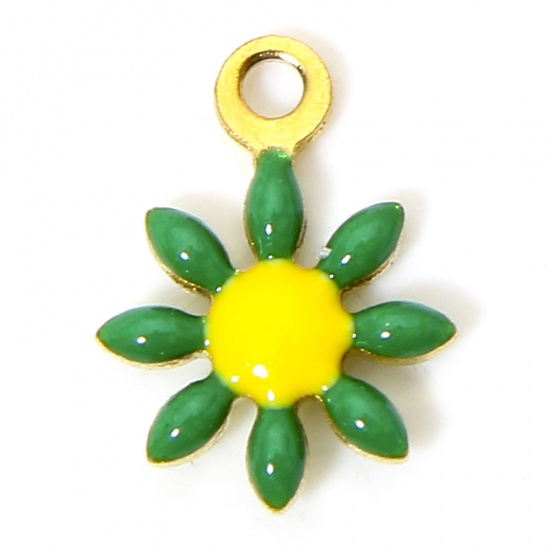 Picture of 10 PCs 304 Stainless Steel Charms 18K Gold Color Green Daisy Flower Enamel 10mm x 7.5mm