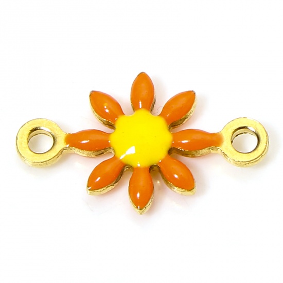 Picture of 10 PCs 304 Stainless Steel Connectors Charms Pendants 18K Gold Plated Orange Daisy Flower Double-sided Enamel 13mm x 7.5mm