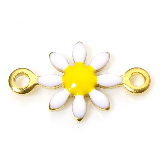 Picture of 10 PCs 304 Stainless Steel Connectors Charms Pendants 18K Gold Plated White Daisy Flower Double-sided Enamel 13mm x 7.5mm