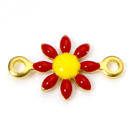 Picture of 10 PCs 304 Stainless Steel Connectors Charms Pendants 18K Gold Plated Red Daisy Flower Double-sided Enamel 13mm x 7.5mm
