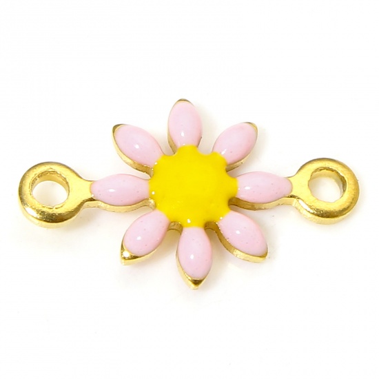 Immagine di 10 PCs 304 Stainless Steel Connectors Charms Pendants 18K Gold Color Pink Daisy Flower Enamel 13mm x 7.5mm